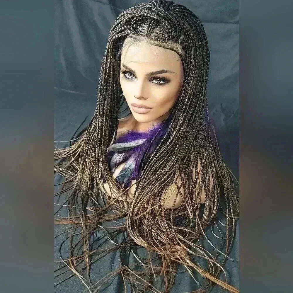 Premium Handmade Auburn Ombre Braided Wig with Box Braids & Cornrows - NWT